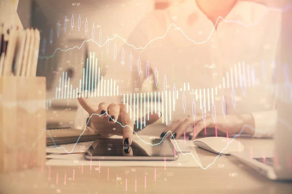 Double exposure of forex chart sketch hologram and woman holding and using a mobile device. Financial market concept.