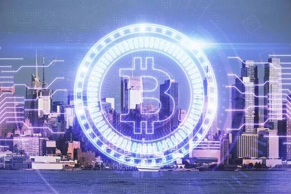 Двойное воздействие рисунка голограммы темы криптовалюты и фона городского вея. Концепция блокчейн и биткойн. Стоковое Изображение