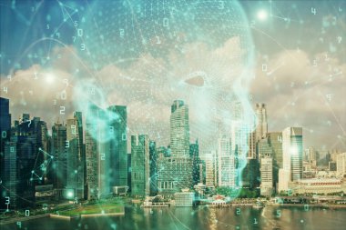 Şehrin arka planında çoklu maruz kalma üzerine beyin hologramı çizimi. Modern şehir konseptinde.