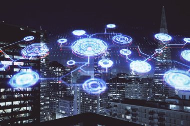 Sosyal ağ tema çizimi ve şehir manzarası arka planının çoklu pozlandırılması. Bağlantı insanları kavramı.