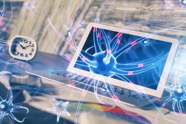 Masaüstü bilgisayar arkaplanı ve nöron çizimi. Çifte maruziyet. Eğitim kavramı.