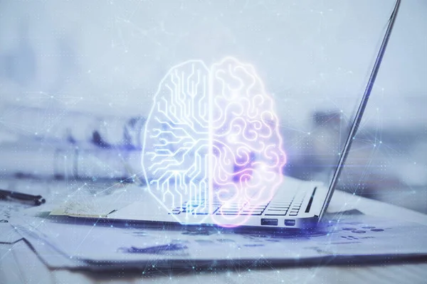 Multi exposición de mesa de trabajo con ordenador y holograma cerebral. Concepto de tormenta de ideas. — Foto de Stock