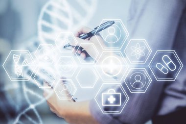 Kadınların el yazısı üzerine DNA temalı hologram. Eğitim kavramı. Çift pozlama