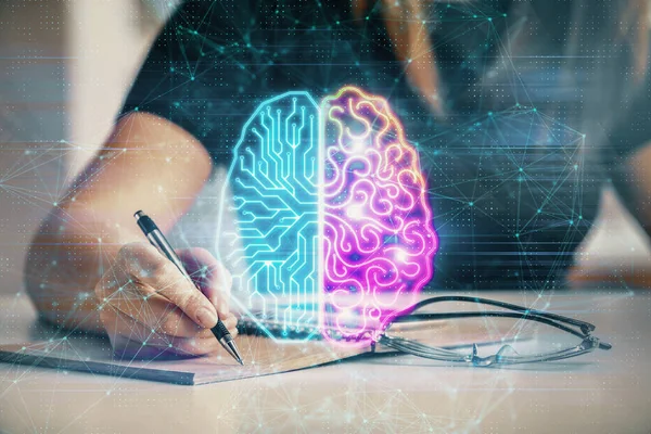 Mehrfachbelichtung von Frauen beim Schreiben von Hand auf Hintergrund mit Gehirn-Hologramm. Konzept des Brainstormings. — Stockfoto