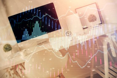 Finansal grafik çizimine ve ofis içi arka planına çifte maruz kalma. Borsa konsepti.