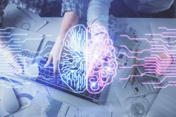 Doppelbelichtung von Mann und Frau, die zusammenarbeiten, und menschliche Gehirn-Hologramm-Zeichnung. Brainstormkonzept. Computerhintergrund. Ansicht von oben. — Stockfoto