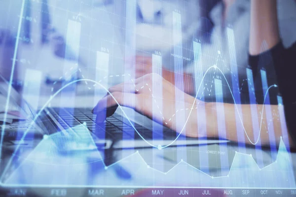 Multi exposure of woman hands typing on computer and financial graph hologram drawing. Stock market analysis concept. — Stock Photo, Image