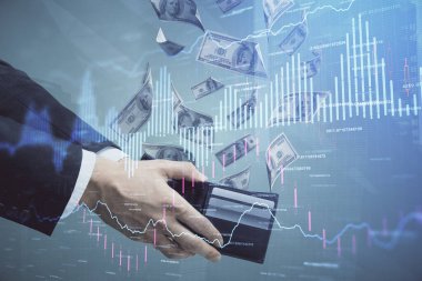 Finansal grafiğe çoklu pozlama hologram, Amerikan dolarları ve insan eli. Analiz kavramı.