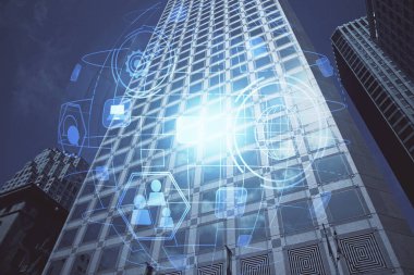 Sosyal ağ tema çizimi ve şehir manzarası arka planına çift pozlama. Bağlantı insanları kavramı.