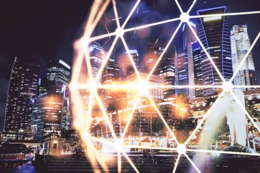 Sosyal ağ tema çizimi ve şehir manzarası arka planının çoklu pozlandırılması. Bağlantı insanları kavramı.