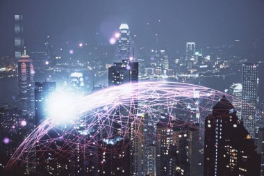 Sosyal ağ tema çizimi ve şehir manzarası arka planının çoklu pozlandırılması. Bağlantı insanları kavramı.