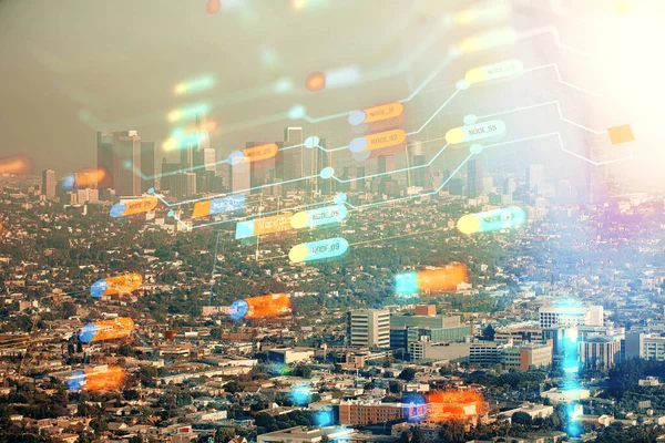 Data tema hologram ritning på stadsbilden med skyskrapor bakgrund dubbel exponering. Teknikkoncept. — Stockfoto
