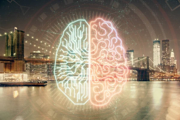 Brain hologram drawing on city scape background Double exposure. Koncept brainstorming. — Stock fotografie