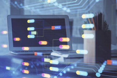 Dizüstü bilgisayar ve teknoloji temalı holograma çifte maruz kalma. Serbest çalışma kavramı.