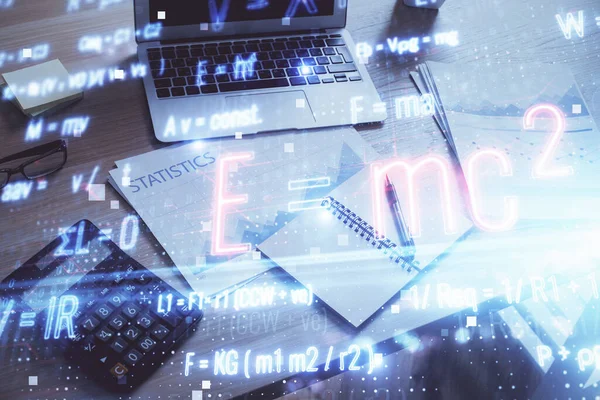 Desktop computer background and formula hologram writing. Double exposure. Education concept. — Stock Photo, Image