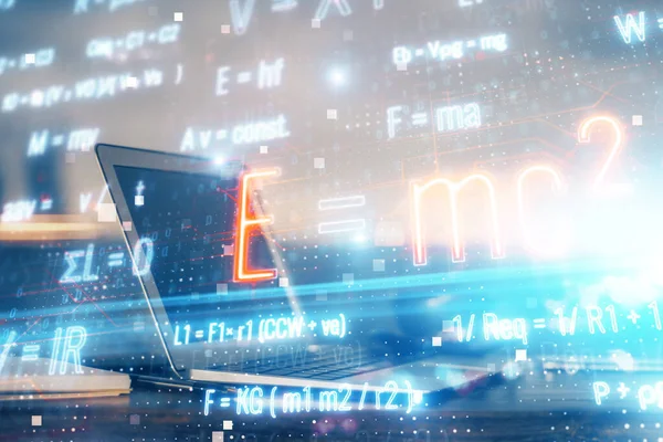 Desktop computer background and formula hologram writing. Double exposure. Education concept. — Stock Photo, Image