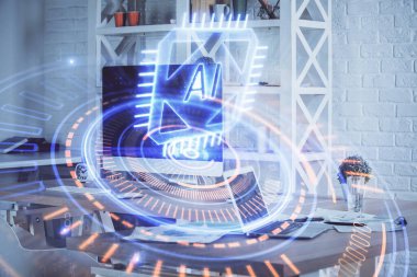 Bilgisayarın arka plan ve teknoloji temalı çizimlerine çoklu maruz kalma. Yenilik kavramı.