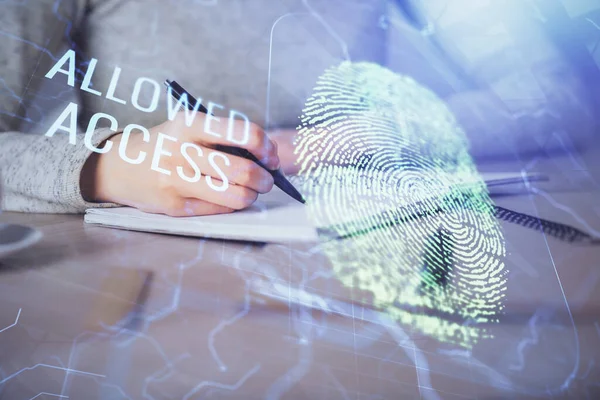 Blå fingeravtryck hologram över kvinnors händer tar anteckningar bakgrund. Begreppet skydd. Dubbel exponering — Stockfoto