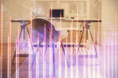 Finansal grafik çizimi ve ofis içi arka planının çoklu pozu. Pazar analizi kavramı.