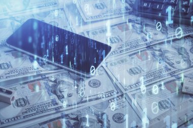 İki kez veri temasına maruz kalınca dolar banknotları arka planda kalıyor. Teknoloji konsepti.