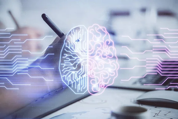 Double exposure of brain drawing over people taking notes background. Concept of Ai — Stock Photo, Image