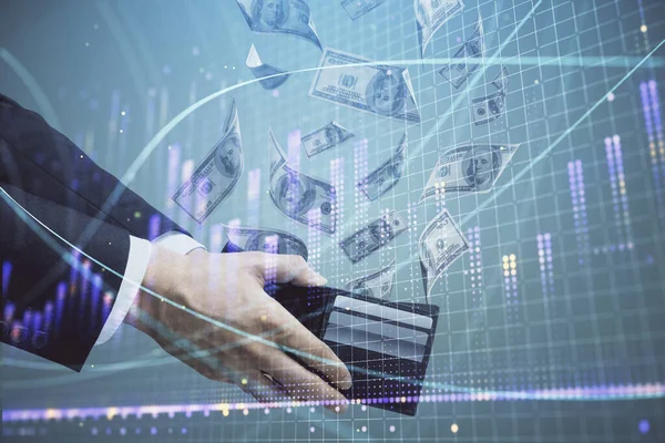 Multi blootstelling van de financiële grafiek tekenen hologram en Amerikaanse dollars rekeningen en man handen. Analyse concept. — Stockfoto