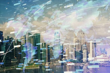 Veri temalı hologram gökdelenler arka planda çoklu pozlama ile şehir görünümüne çizim yapıyor. Büyük veri kavramı.