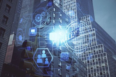 Sosyal ağ tema çizimi ve şehir manzarası arka planına çift pozlama. Bağlantı insanları kavramı.