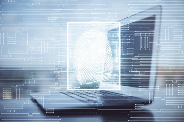 Ofisteki bilgisayarın parmak izi çizimi. Çifte maruziyet. İş veri güvenliği kavramı.