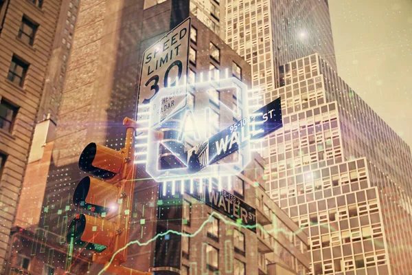 Tema de datos holograma dibujo en la vista de la ciudad con rascacielos fondo multi exposición. Concepto Bigdata. —  Fotos de Stock