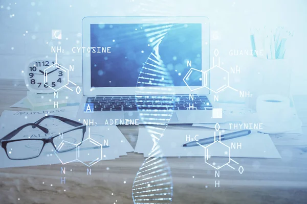 데스크톱 컴퓨터 배경과 DNA 그 리기입니다. 두 번 노출. 과학 개념. — 스톡 사진