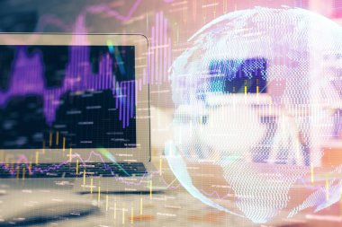 Finansal grafik renkli çizimler ve arka planda bilgisayar olan tablolar. Çifte maruziyet. Uluslararası pazarlar kavramı.