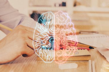 Erkek eli arka planına sahip beyin çoklu pozlama simgesi.