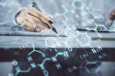 Fen formülü hologramı, kadınların ellerinin altyapısını belirler. Öğrenim anlayışı. Çoklu pozlama