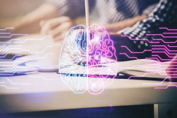 Homem com ícones cerebrais de inteligência atificial multi exposição. — Fotografia de Stock