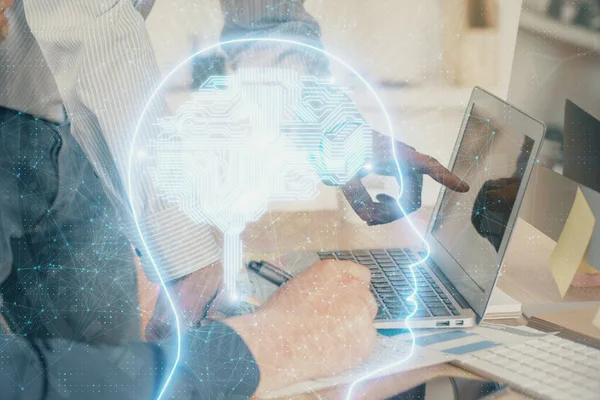 Man with computer background with brain theme hologram. Concept of brainstorm. Double exposure. — Stock Photo, Image