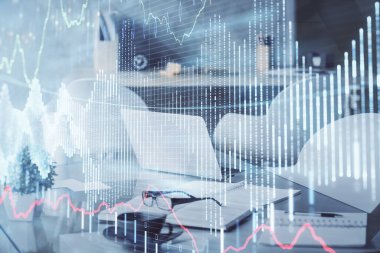 Borsa grafik çizimi ve ofis içi arka planının iki katına çıkarılması. Mali analiz kavramı.