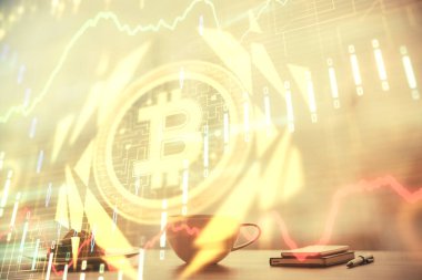 Ofisteki kahve fincanının arka planında şifreli para teması hologramı çiziyor. Uluslararası engelleme zinciri kavramı.