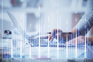 Bilgisayarda ve ön x grafik hologram çiziminde kadın eli yazarken çift pozlama. Borsa yatırım kavramı.
