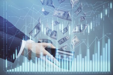 Finansal grafiğe çoklu pozlama hologram, Amerikan dolarları ve insan eli. Analiz kavramı.