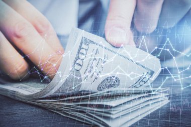 Forx grafiği, hologram, Amerikan dolarları ve insan eli çizimleri. Teknik Analiz kavramı.