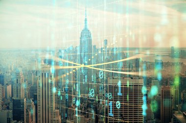 Veri temalı hologram gökdelenlerin arka planında çift pozlama ile şehir görünümüne çizim yapıyor. Teknoloji konsepti.