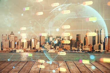 Veri temalı hologram gökdelenlerin arka planında çift pozlama ile şehir görünümüne çizim yapıyor. Teknoloji konsepti.