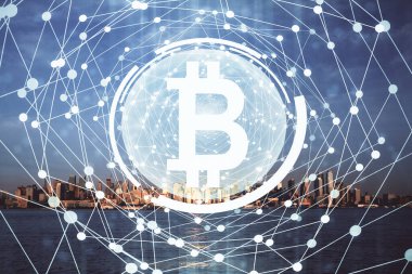 Kripto para birimi temalı hologram çizimi ve şehrin veiw arka planına çift pozlama. Engelleme zinciri ve bitcoin kavramı.