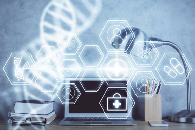 Masaüstü bilgisayar arkaplanı ve DNA çizimi. Çifte maruziyet. Bilim konsepti.