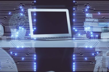 Bilgisayar, teknoloji temalı hologramla birlikte ofiste. Çifte maruziyet. Teknoloji kavramı.