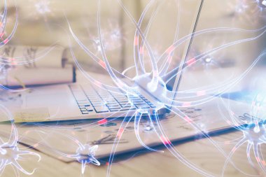 Masaüstü bilgisayar arkaplanı ve nöron çizimi. Çifte maruziyet. Eğitim kavramı.