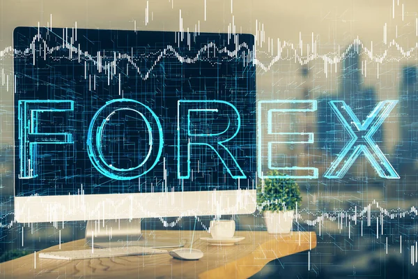 Exposición múltiple de gráfico e información financiera y espacio de trabajo con fondo informático. Concepto de comercio internacional en línea. —  Fotos de Stock