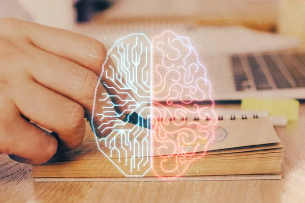 Erkek eli arka planına sahip beyin çoklu pozlama simgesi.