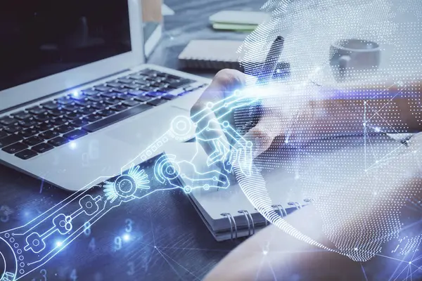 Holograma de tema técnico sobre las manos de las mujeres tomando notas de fondo. Concepto de alta tecnología. Doble exposición —  Fotos de Stock